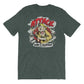 Dark green t-shirt with cartoon attack dog graphic on back, available in Heather Midnight Navy