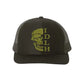 Dark green snapback trucker hat with yellow skull design and IDLH text