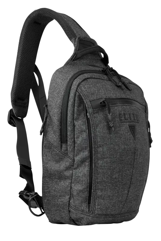 Dark grey tactical sling backpack with zippered compartments for concealed carry sling