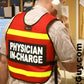 Red Davis County Reflective Pullover Vest with Physician In-Charge text and yellow stripes