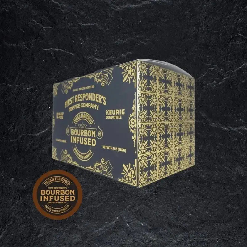 Decorative box featuring gold patterns and Bourbon Infused branding for 12ct Bourbon Pecan