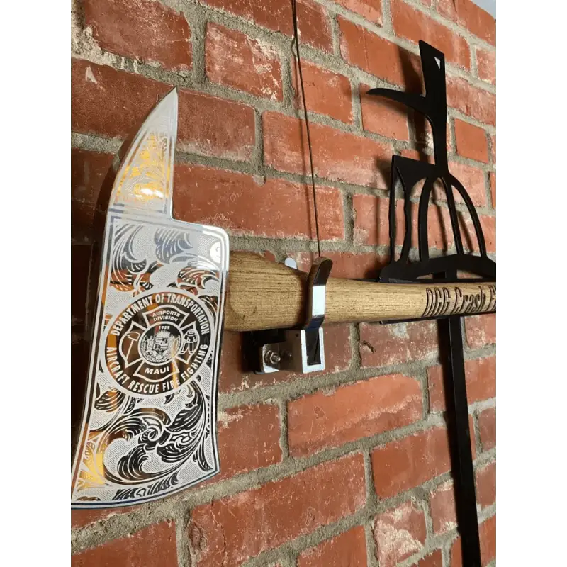 Decorative personalized firefighter axe with engraved metal head and wooden handle