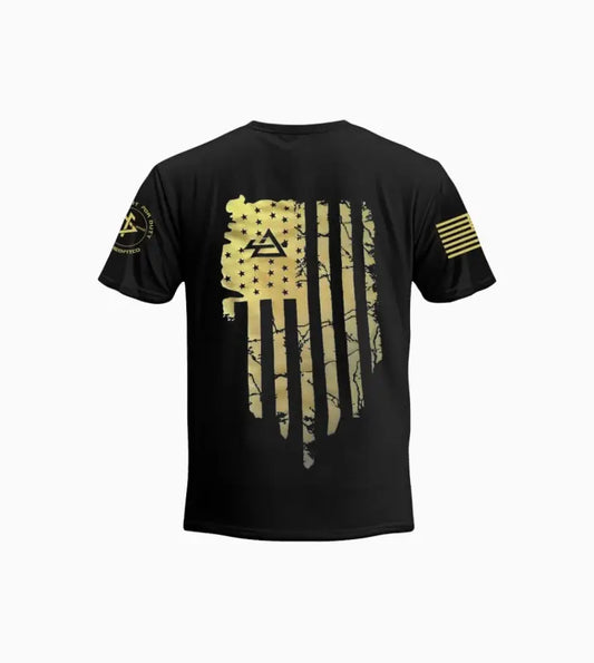 Black Deemed Free Unisex T-Shirt with distressed American flag in camouflage and yellow