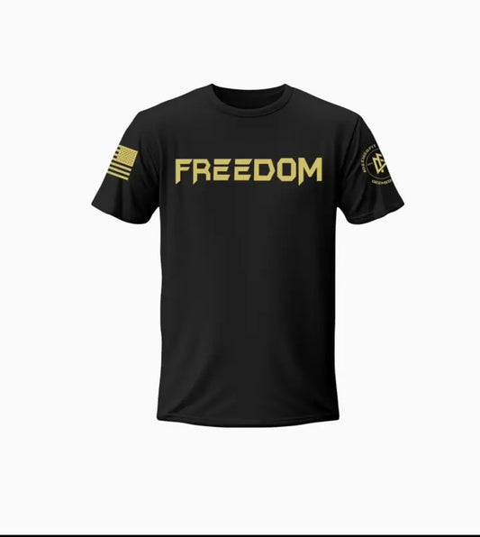 Black Deemed Free Unisex T-Shirt featuring FREEDOM text and military-style patches