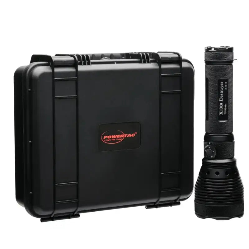 Black tactical flashlight with case, perfect for the X10K Destroyer Search & Rescue Light