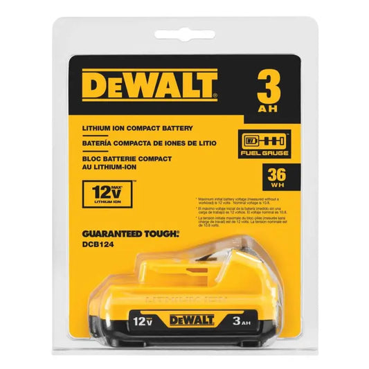 DeWalt DCB124 12V MAX lithium-ion battery in yellow and black packaging