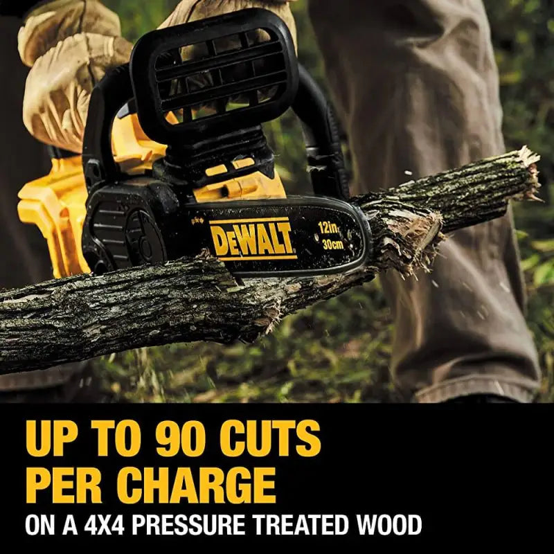 DeWalt DCCS620B 20V MAX XR Compact Cordless Chainsaw cutting through a log