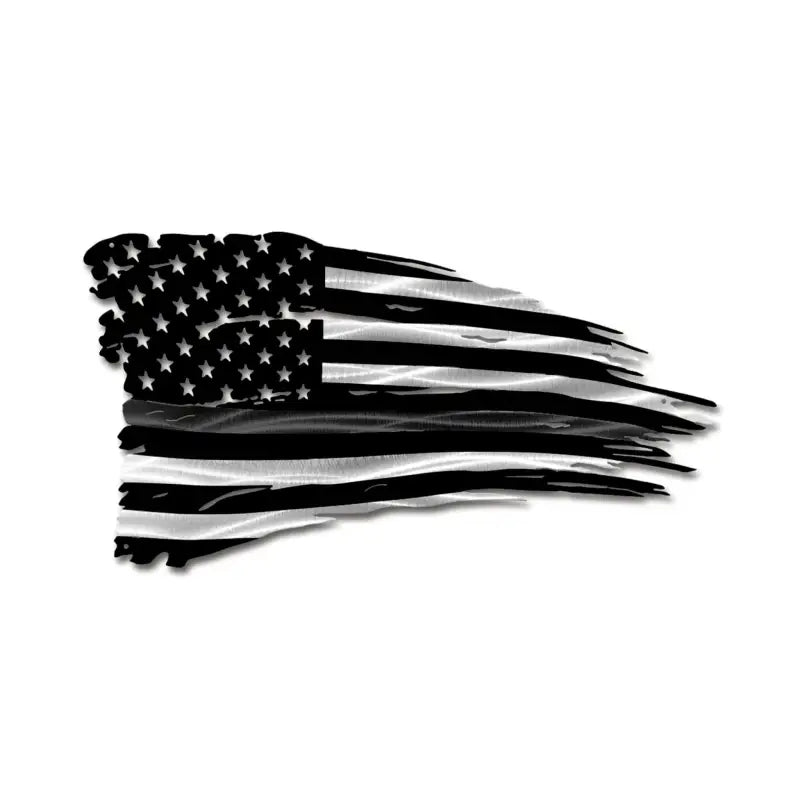 Distressed black and white American flag with tattered stripes for military decor