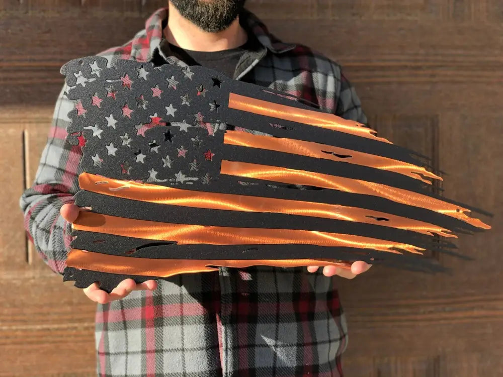 Distressed American Battle Flag featuring orange-tinted stripes on black background