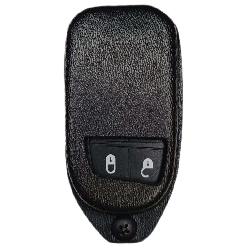 Black two-button Dodge key fob remote featured in a Coyote Brown key fob holder