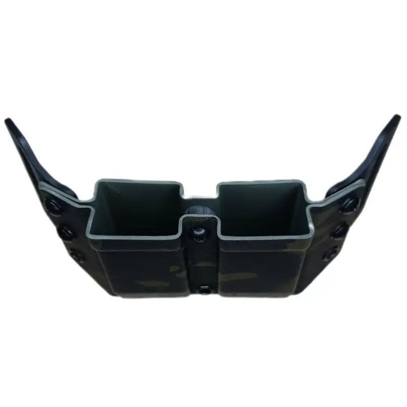 Black plastic double magazine carrier with dual compartments and angular side wings