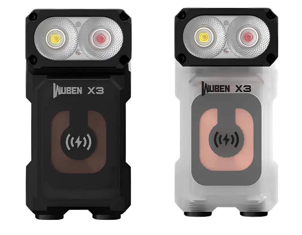 Wuben X3 all-in-one flashlight and charging dock in black and white with wireless capability