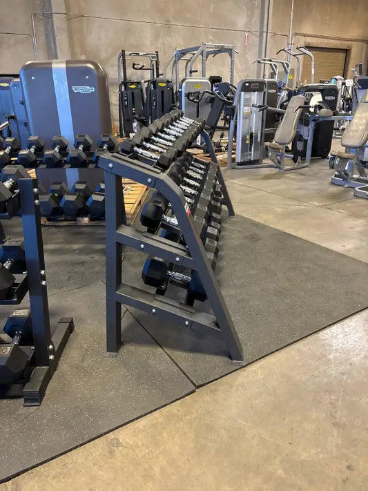 SFE Commercial Dumbbell Rack with rectangle tube design holding 15 pairs of weights