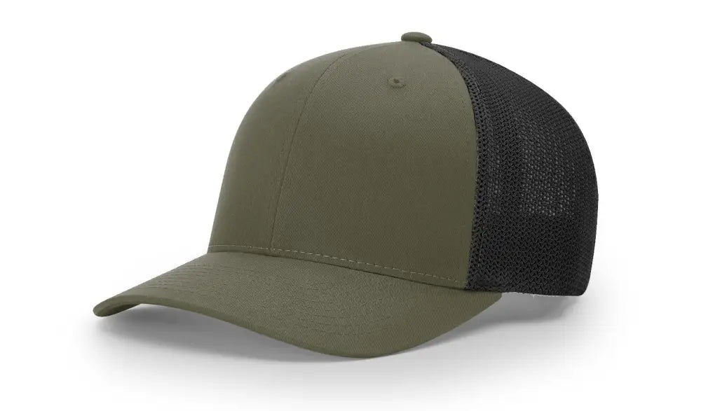 Olive green and black trucker hat with leather patch for first responders and firefighters