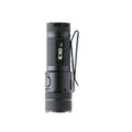 Black E10-G4 tactical LED flashlight with textured grip and magnetic tail cap