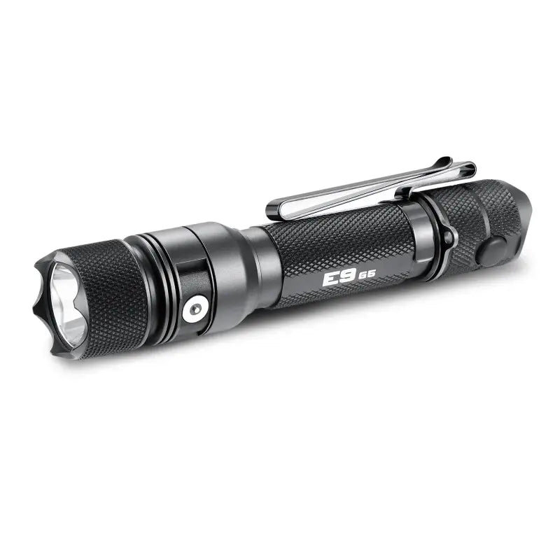 Black metal Powertac E9 GEN5 tactical EDC flashlight with textured grip, 3,000 lumen output