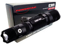 Black Powertac E9R Gen4 Tactical EDC Flashlight with retail packaging showcasing 2550 Lumen