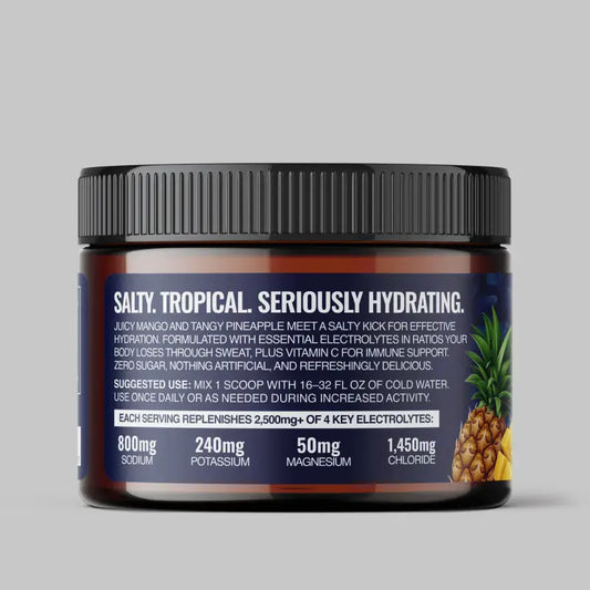 Mango Pineapple Electrolytes hydration powder container with high-sodium electrolytes for staying hydrated