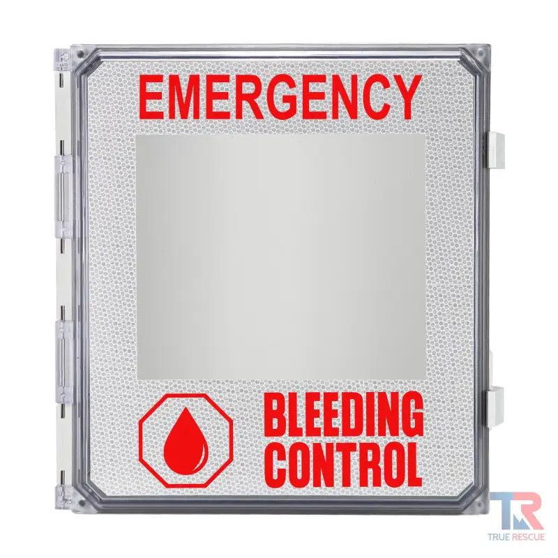 Emergency Bleeding Control Cabinet with True Rescue Decal on a gray surface