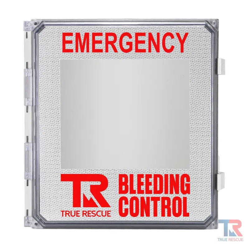 Outdoor Bleeding Control Cabinet featuring True Rescue decal and emergency bleeding control