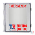 Emergency Bleeding Control Cabinet featuring True Rescue decal and red lettering for outdoor use