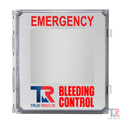 Emergency Bleeding Control Cabinet featuring True Rescue decal and red lettering for outdoor use