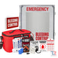 Emergency Bleeding Control Kit with supplies in wall-mounted storage cabinet for outdoor use