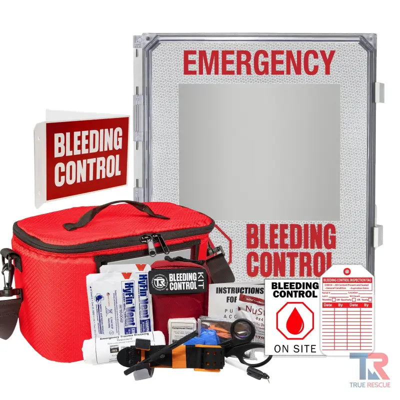 Emergency bleeding control kit package in wall-mounted storage for outdoor bleeding control