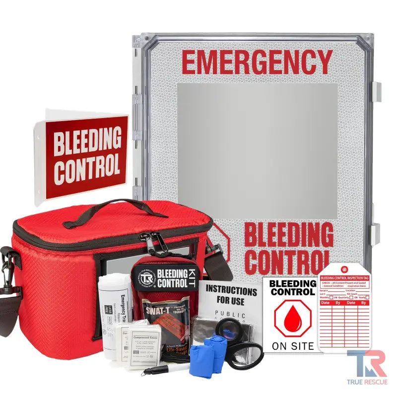 Emergency Bleeding Control Kit with first aid supplies in wall-mounted cabinet for outdoor use