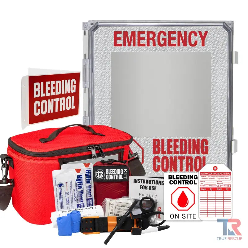 Emergency Bleeding Control Kit Package with first aid supplies in wall-mounted cabinet