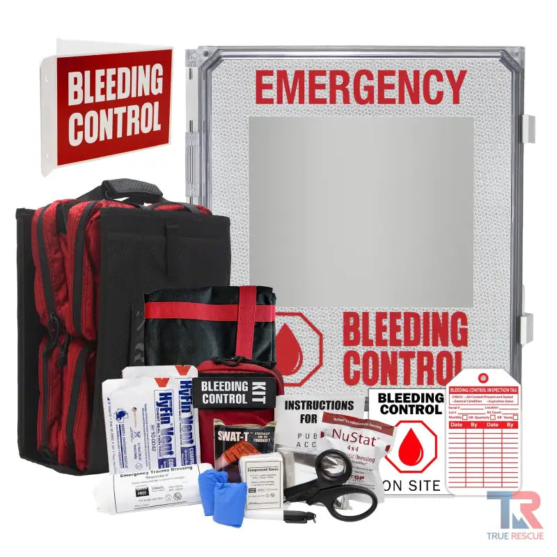 Emergency bleeding control kit and wall-mounted storage cabinet for outdoor use