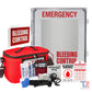 Emergency Bleeding Control Kit Package with medical supplies and signage for outdoor use