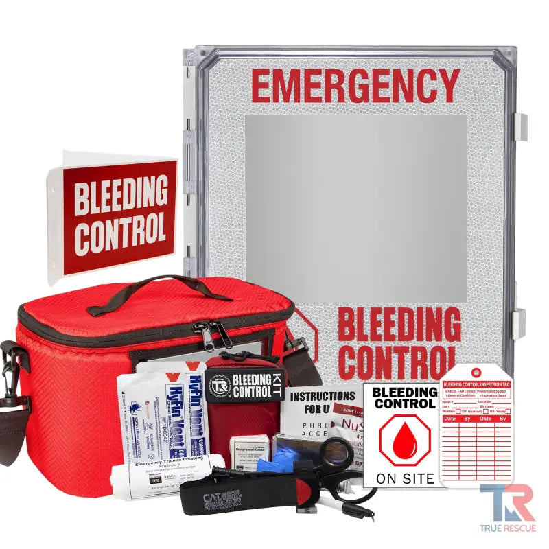 Emergency Bleeding Control Kit Package with medical supplies and instructions for outdoor use