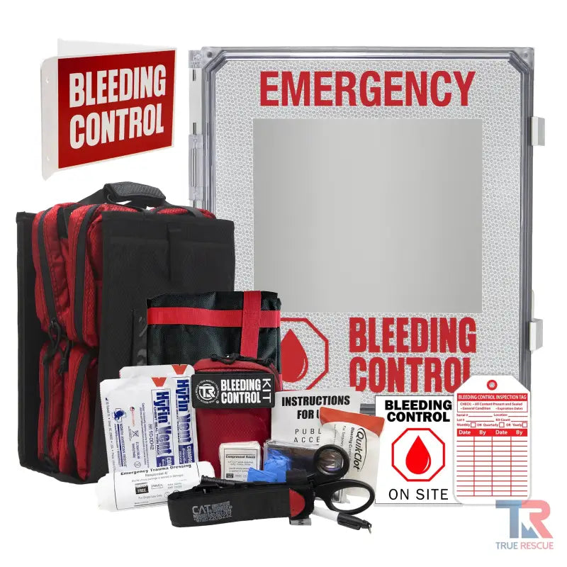 Emergency bleeding control kit package with medical supplies in wall-mounted case