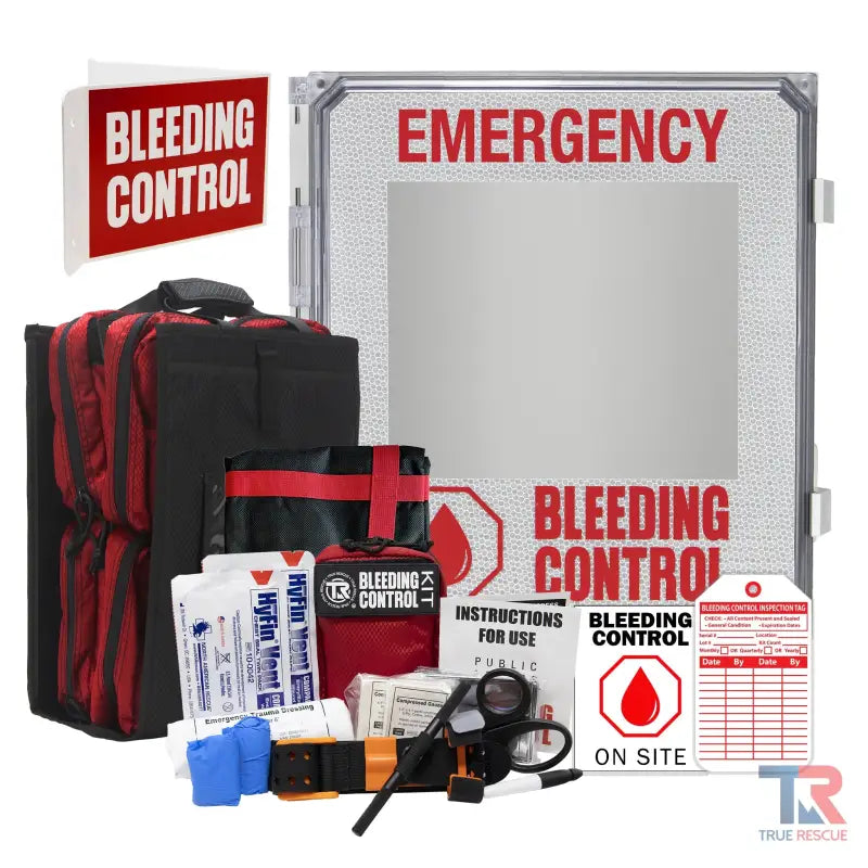 Emergency Bleeding Control Kit Package with medical supplies and instructions for outdoor use