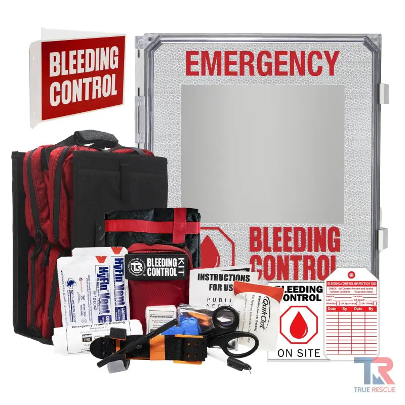 Emergency Bleeding Control Kit Package with medical supplies and instructions for outdoor use