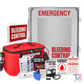 Emergency Bleeding Control Kit Package with medical supplies and safety signage