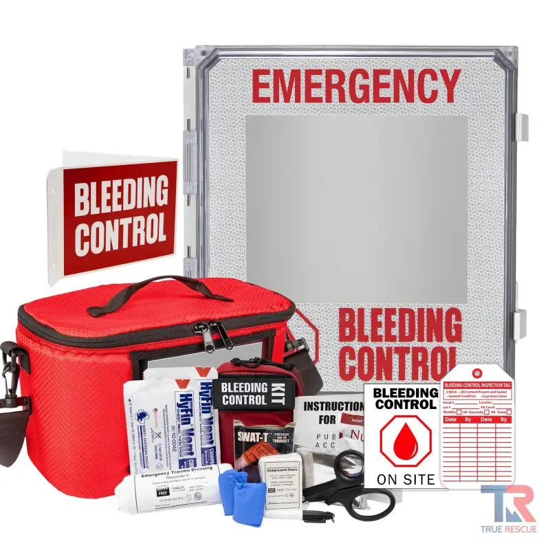 Emergency Bleeding Control Kit Package with medical supplies and safety signage