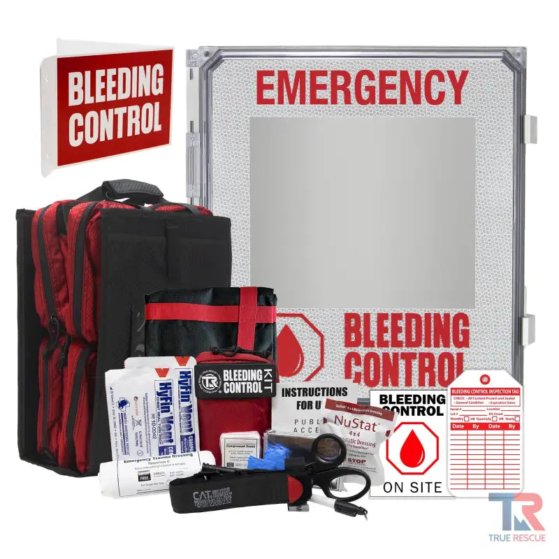 Emergency Bleeding Control Kit with medical supplies in wall-mounted storage cabinet