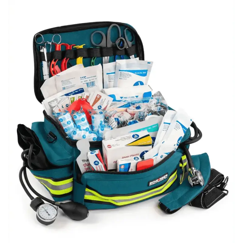 Emergency medical kit with first aid supplies in teal and yellow bag - Scherber Basic Responder Trauma Kit