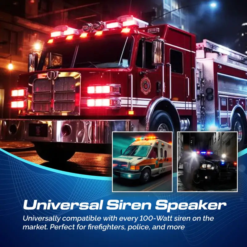 Emergency vehicle siren speaker advertisement featuring UBL Large 100-Watt Speaker