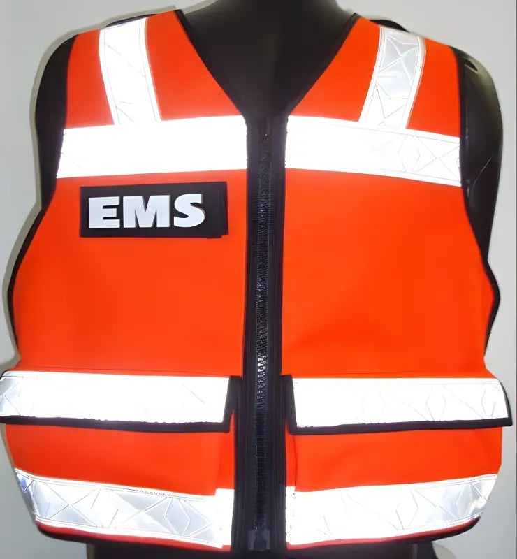 Orange reflective EMS safety vest meeting ANSI II requirements with black zipper