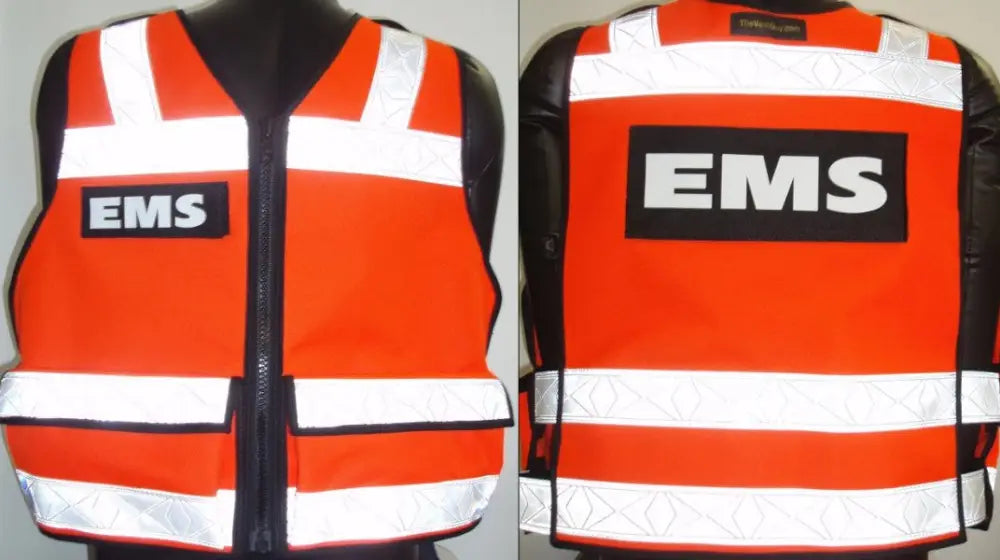 High visibility orange EMS vest meets ANSI II requirements with reflective stripes