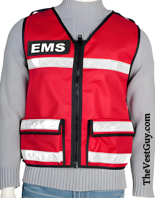 Red EMS reflective vest with lower pockets and front reflective stripes for safety