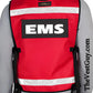 Red EMS reflective vest with black trim and lower pockets for essential gear storage