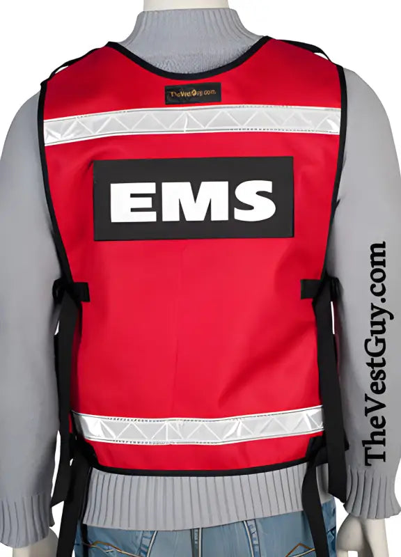 Red EMS reflective vest with black trim and lower pockets for essential gear storage