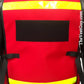 Red EMS reflective vest with yellow stripes and lower pockets for added utility