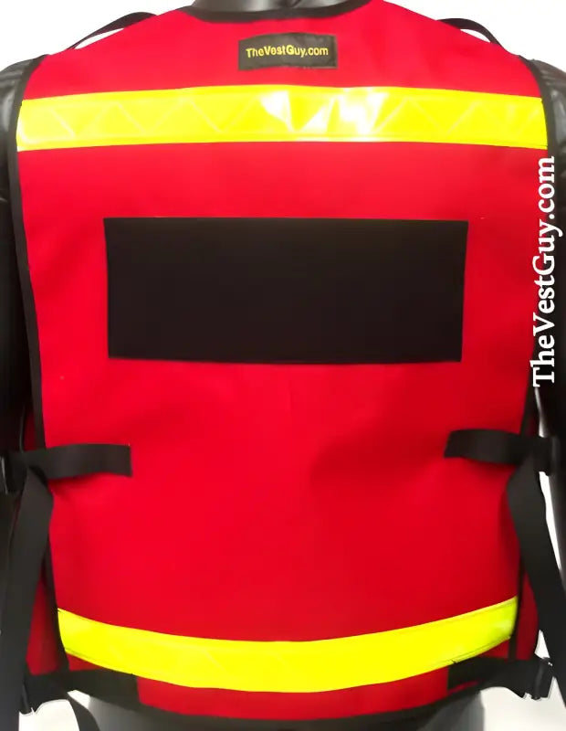 Red EMS reflective vest with yellow stripes and lower pockets for added utility