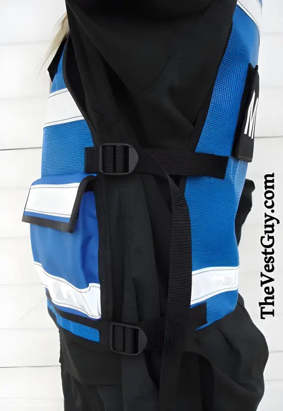 Blue, black and white EMS 2 Pocket Vest with buckle straps and lower pockets