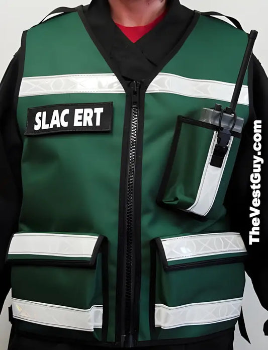 Green EMS Radio Vest with reflective stripes and SLAC ERT text for emergency response